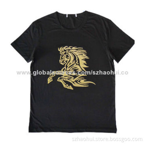 Men's Fashion Design Printed T-shirt with Front Hot-drilling Decoration, Made of Mercerized Cotton
